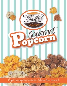 Van Wyk Gourmet  Fundraising Popcorn, Cheddar Cheese, Jalapeno Cheddar, Classic Caramel Popcorn, Caramel Fudge Peanut, Caramel Dark Fudge Sea Salt, And White Fudge Cranberry